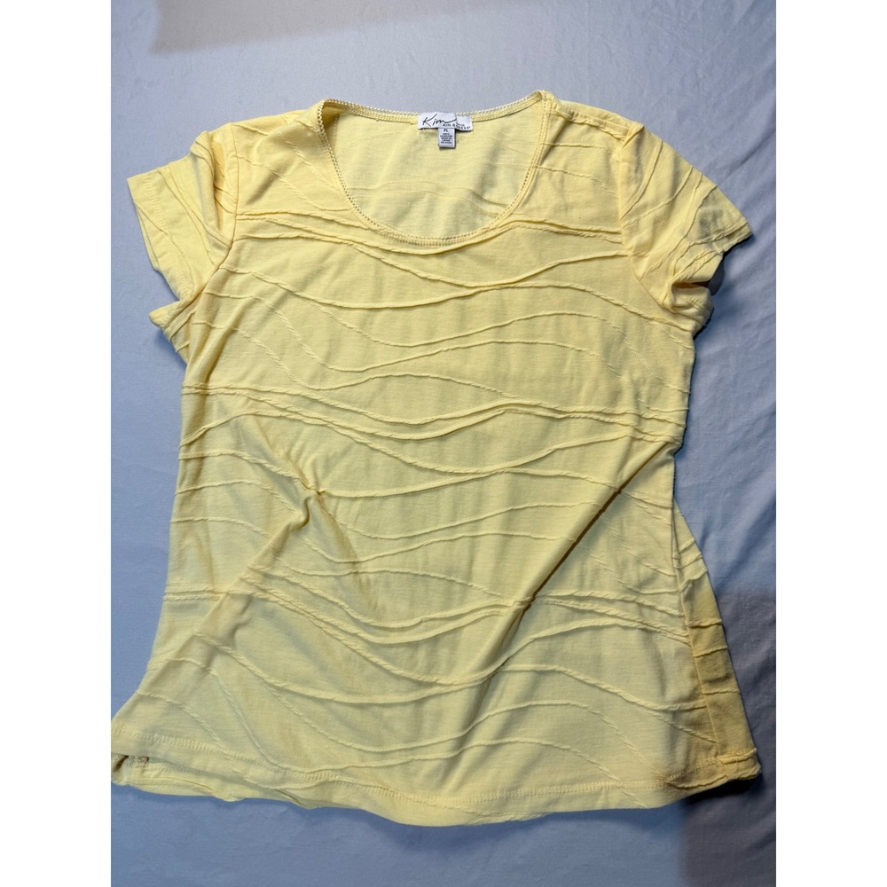 Kim Rogers Womens Petite Large Yellow Wavy Textured Short Sleeve Scoop Neck‎ Top